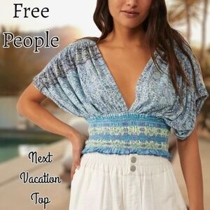 FREE PEOPLE Next Vacation Deep V-Neck Open Back Smocked Waist Top NWT/MD